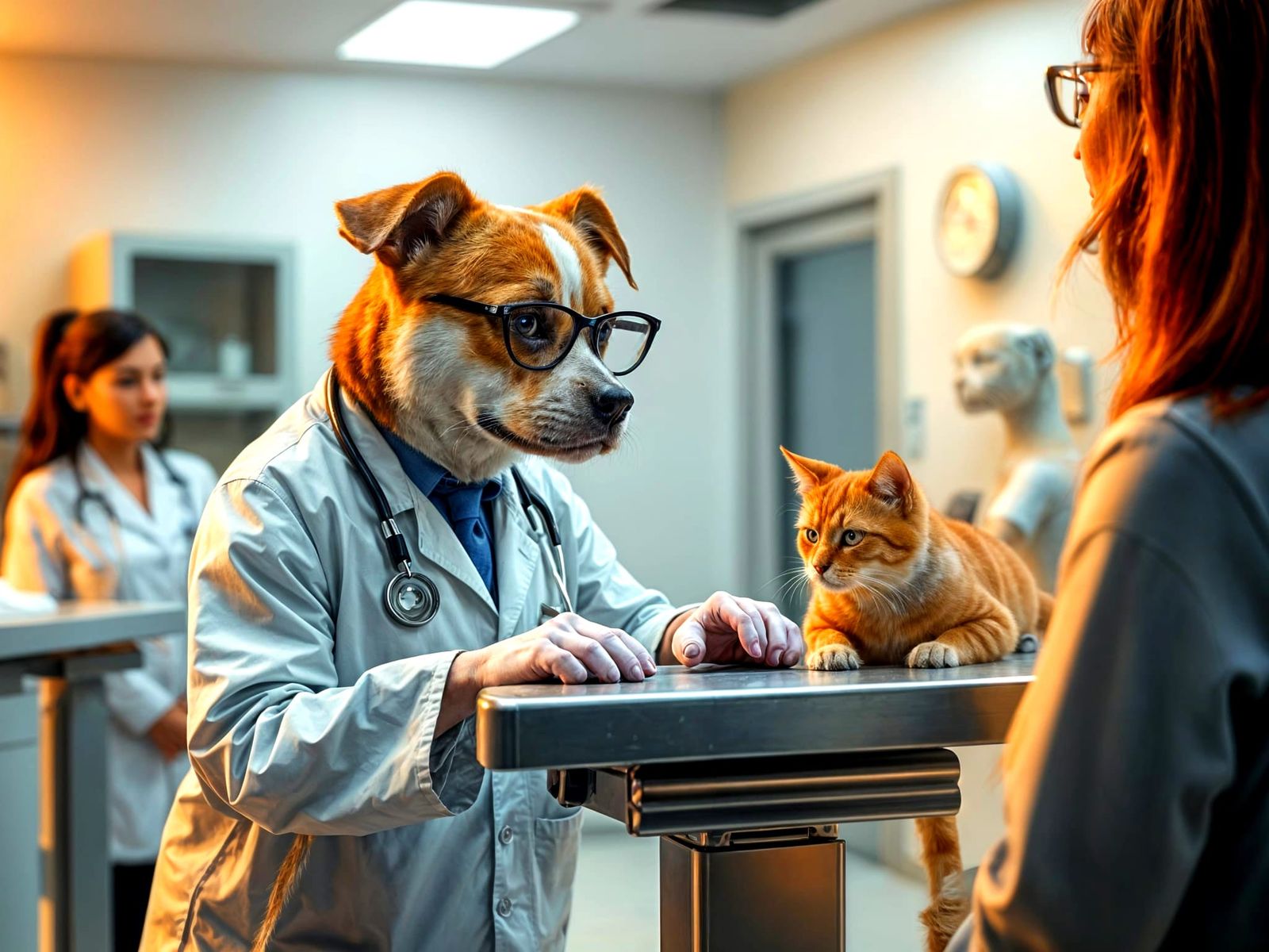 Vet Anthropomorphised Dog Examines Ginger Cat
