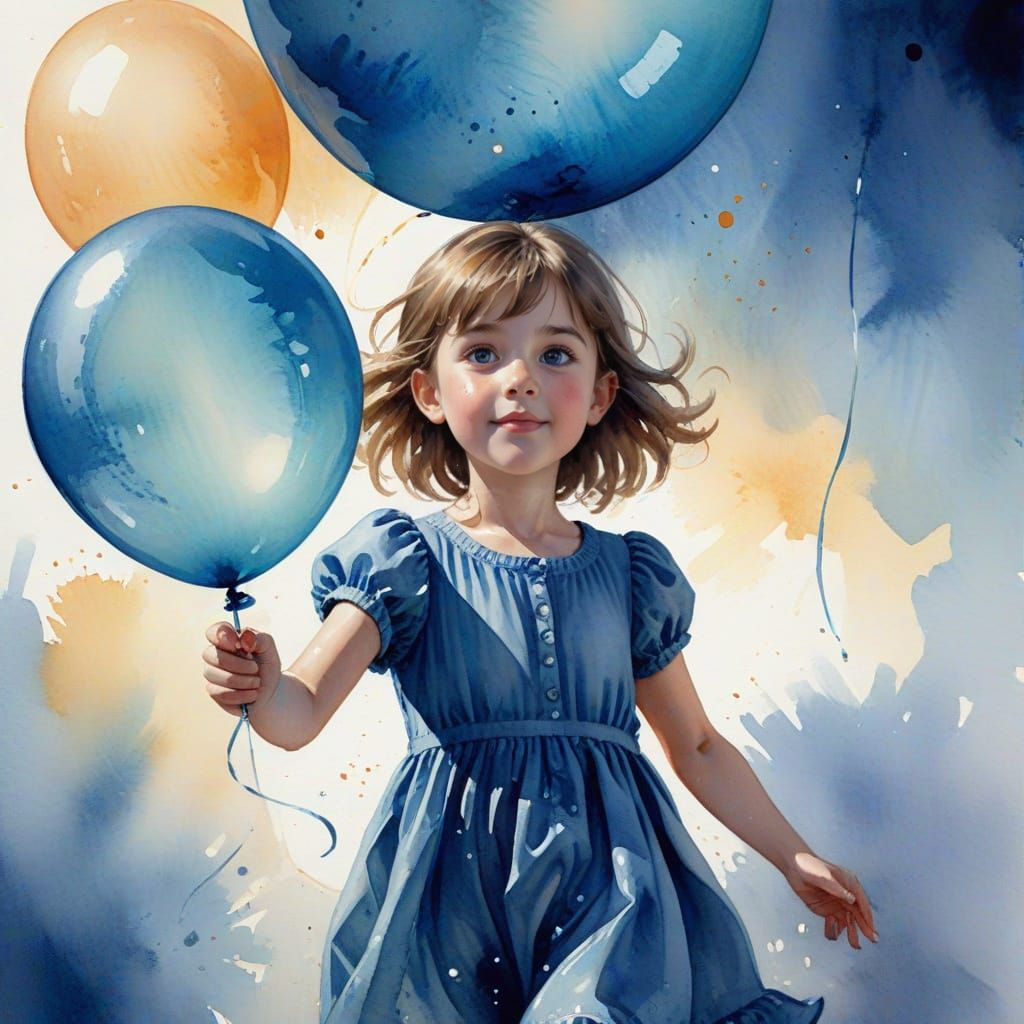 Watercolor Girl Loses Balloon on Summer Embankment