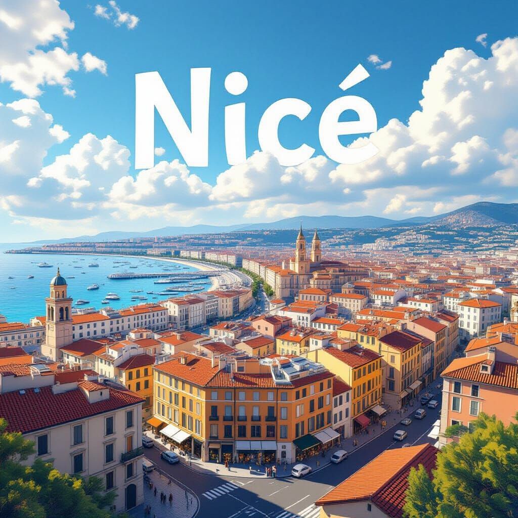 Nice, France: Bird's-Eye View with Sky Text in Detailed Matt...