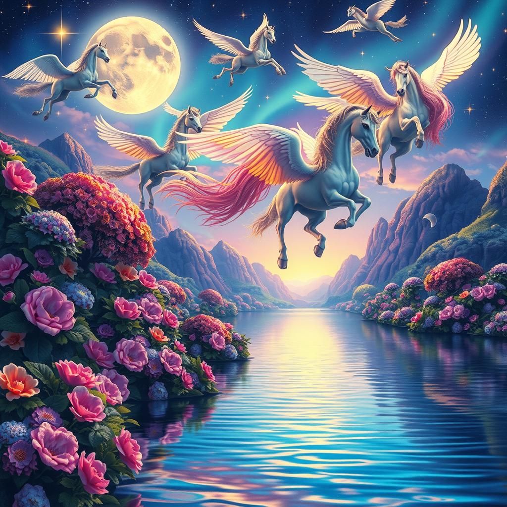 Pegasus Flock Soaring Over Moonlit Garden