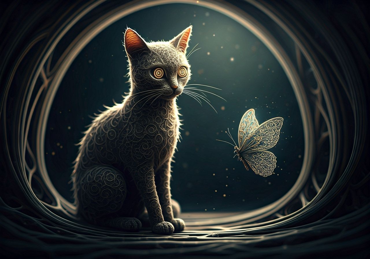 Elegant Cobweb Cat and Butterfly in Dark Fantasy