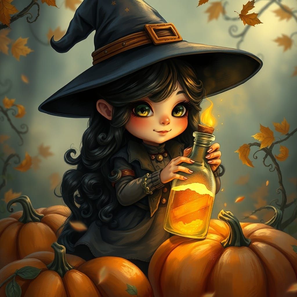 Cute Witch with Potion and Pumpkins, Magical Halloween Scene