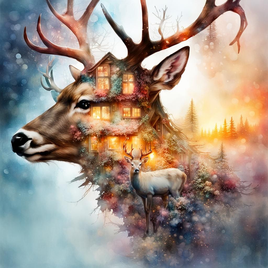 Surreal Double Exposure: Deer, Santa, and Winter in Watercol...