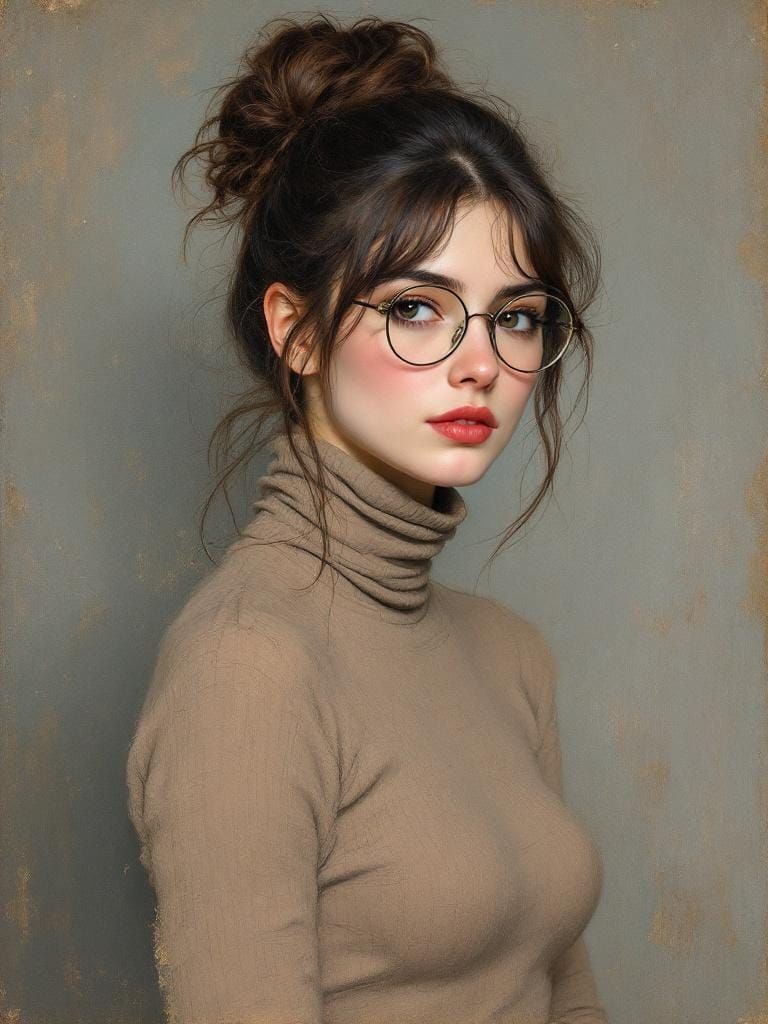 Woman in Turtleneck with Messy Bun, Oil Painting Style