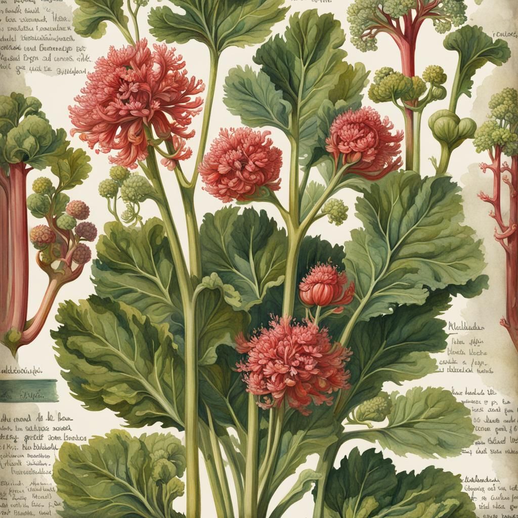 Rhubarb Botanical Illustration in Gouache Style