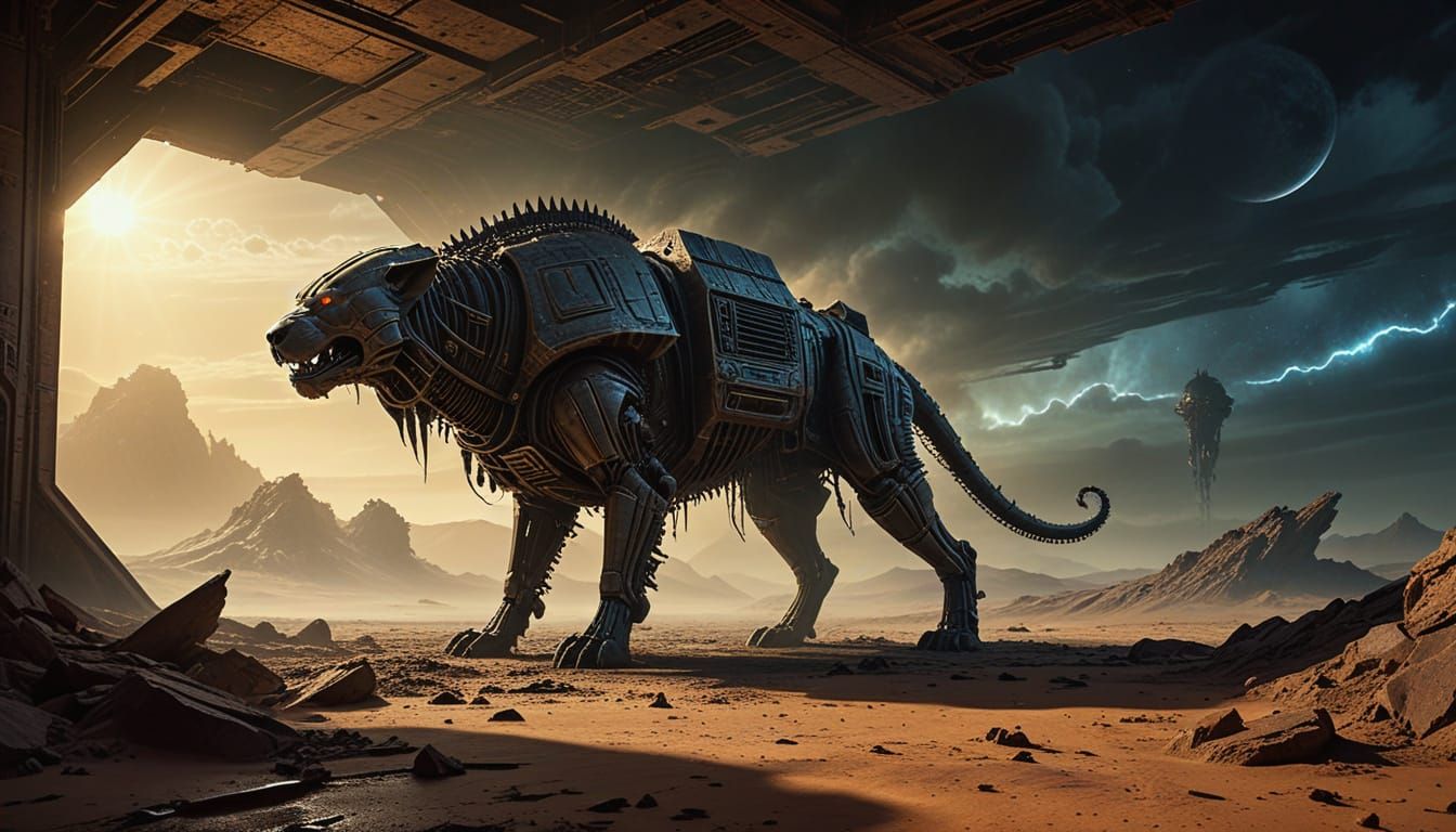 Mongolian Mastiff Guards Derelict Spaceship in Alien Desert