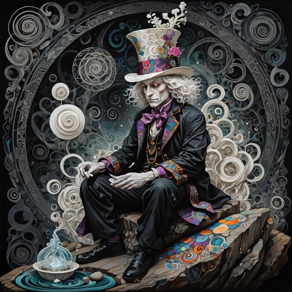 Ethereal Mad Hatter Monk Meditating on Rock