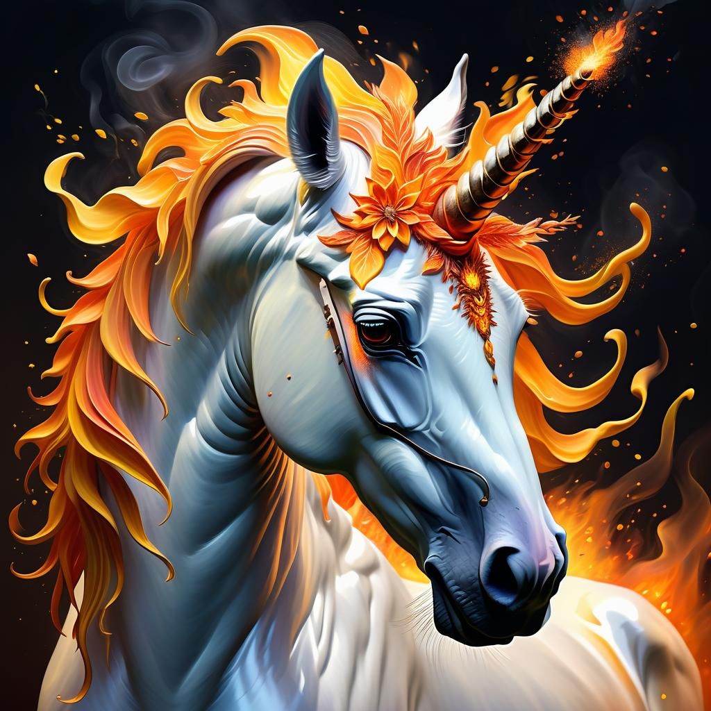Flaming Unicorn Portrait in Magical Realism Style