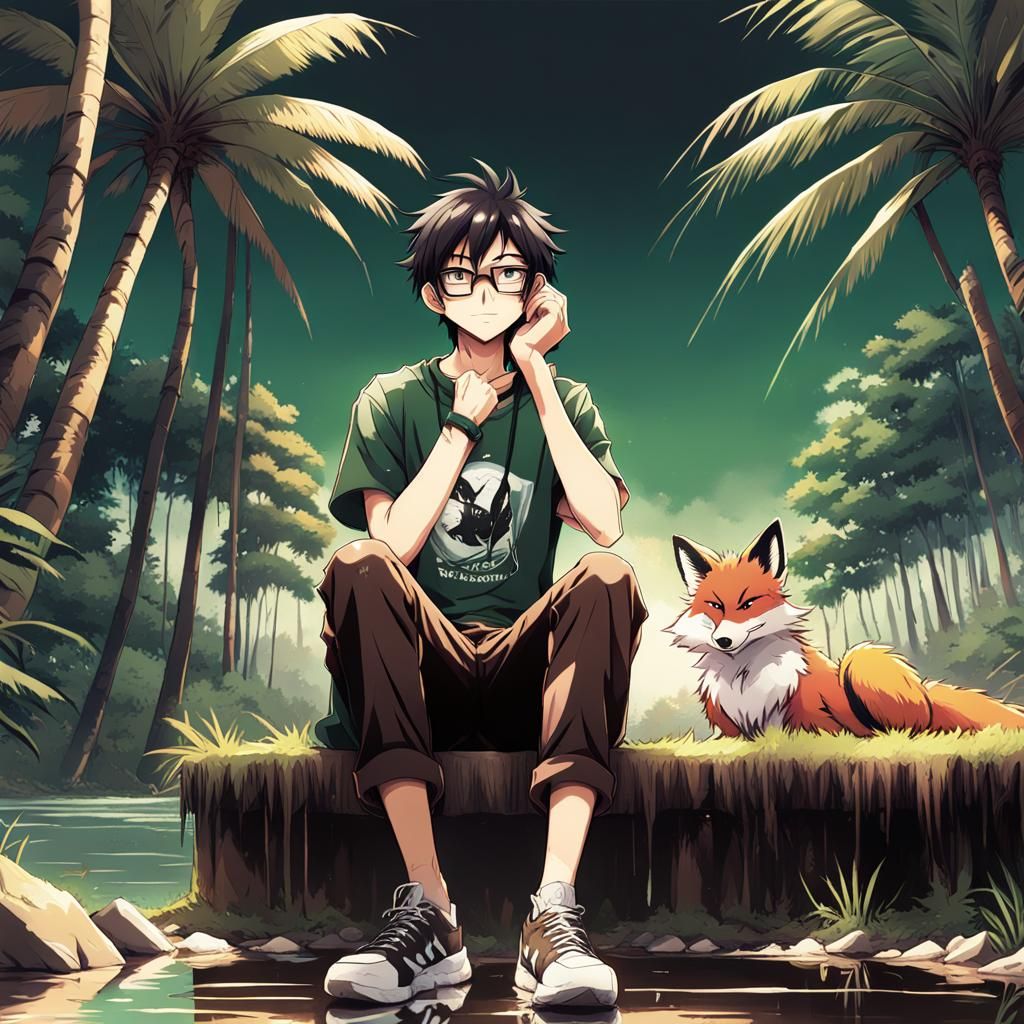 Anime Boy with Fox in Amazon Jungle