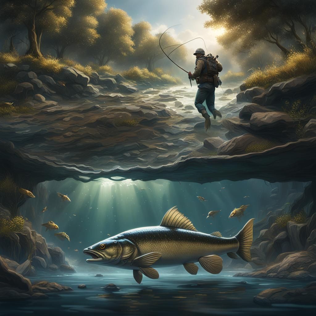 Big Catfish Hooked in River: Fantasy Concept Art
