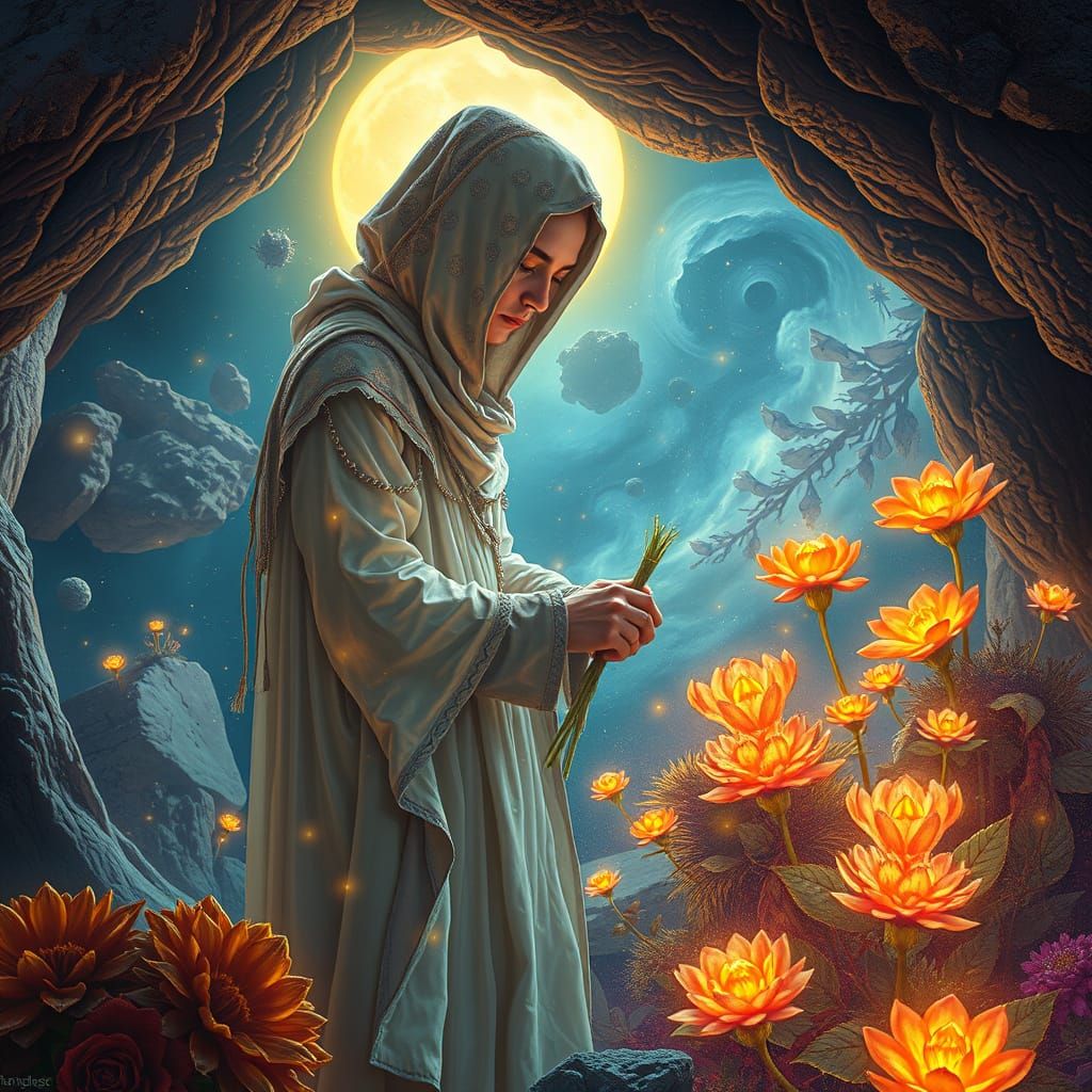 Celestial Gardener Tending to Glowing Flora