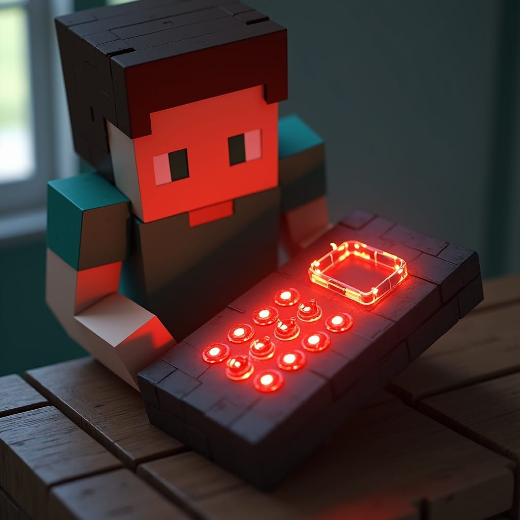 Someone playing Minecraft building a Redstone phone