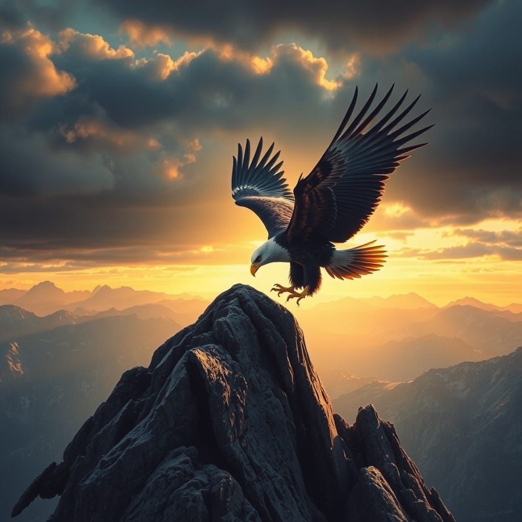Majestic Eagle Landing on Rugged Mountain Peak