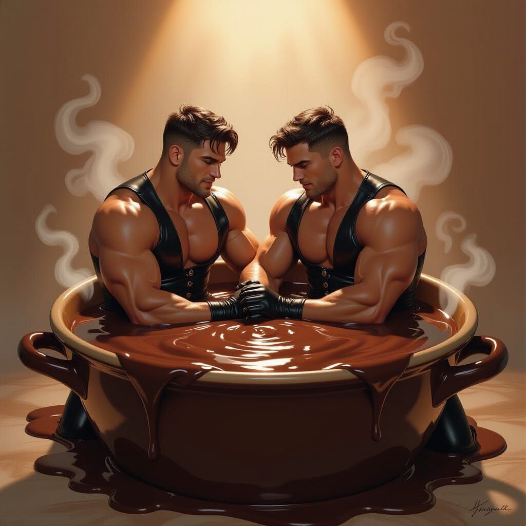 Muscular Men Wrestle in Chocolate Pudding Bowl