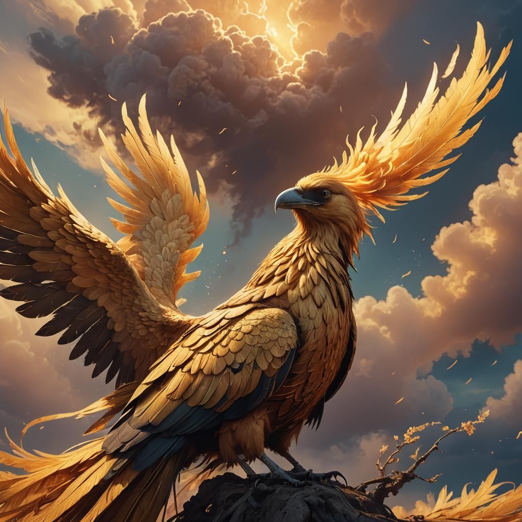 Golden Phoenix Crow on Cloud in Fantasy Art