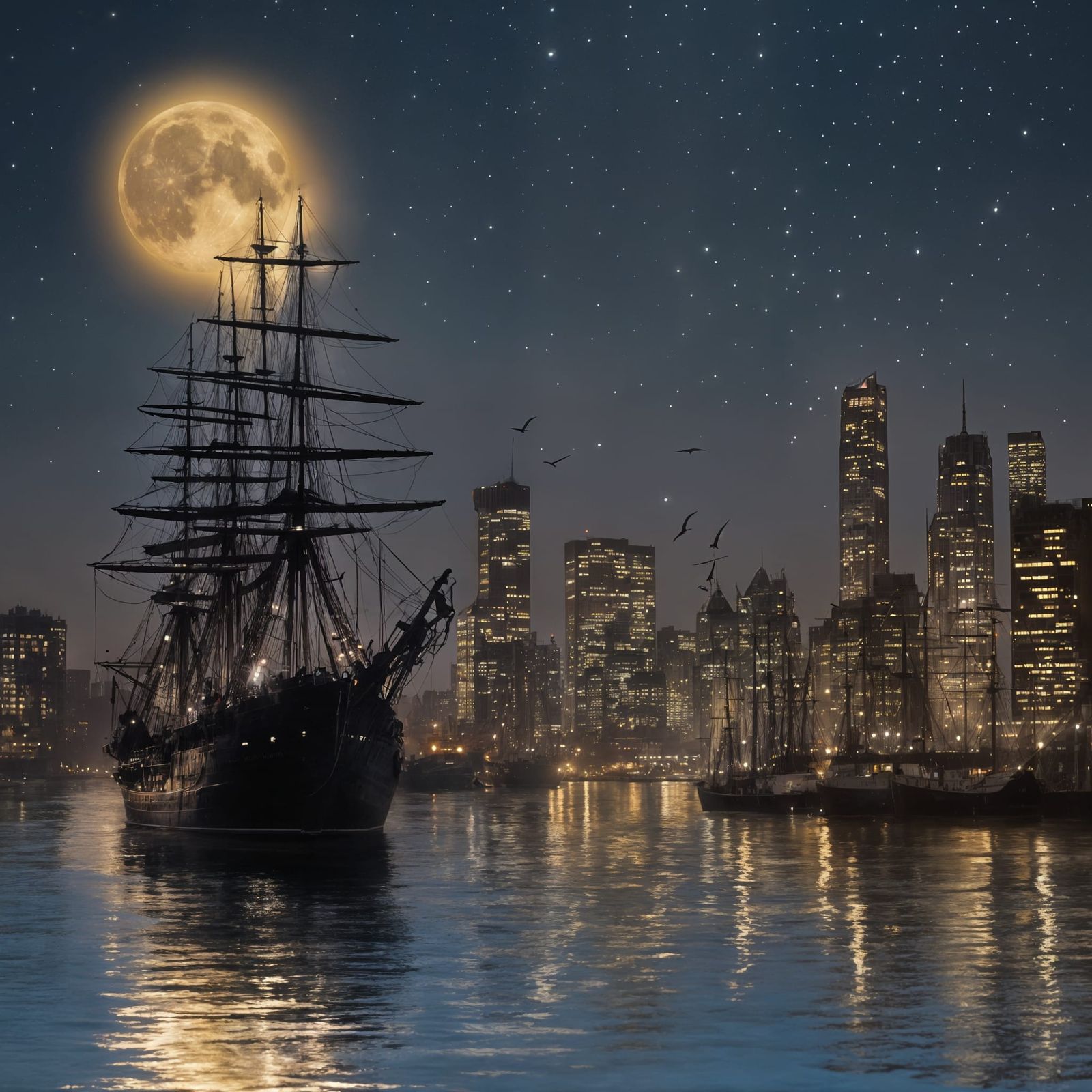 Moonlit Harbor Ships in Neo-Romantic Style