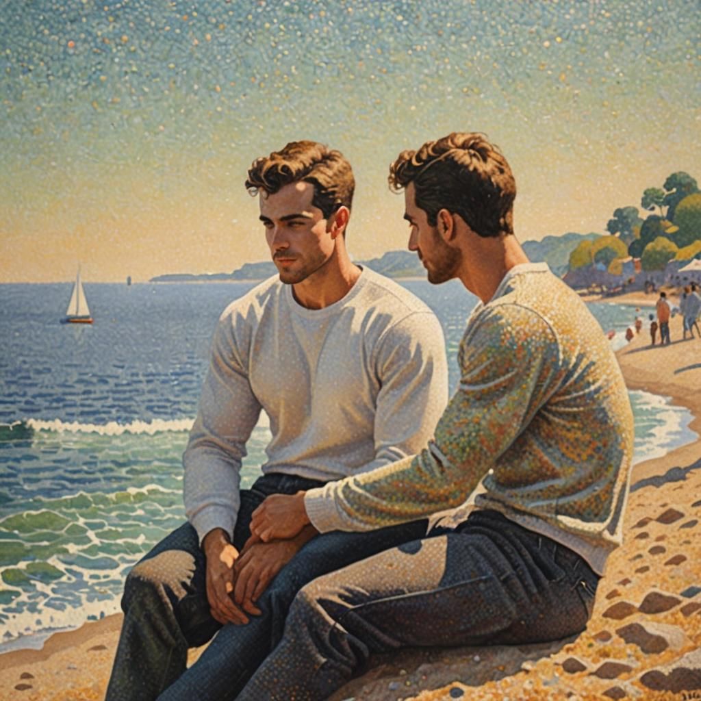 Gay Couple at Shore in Pointillism Style