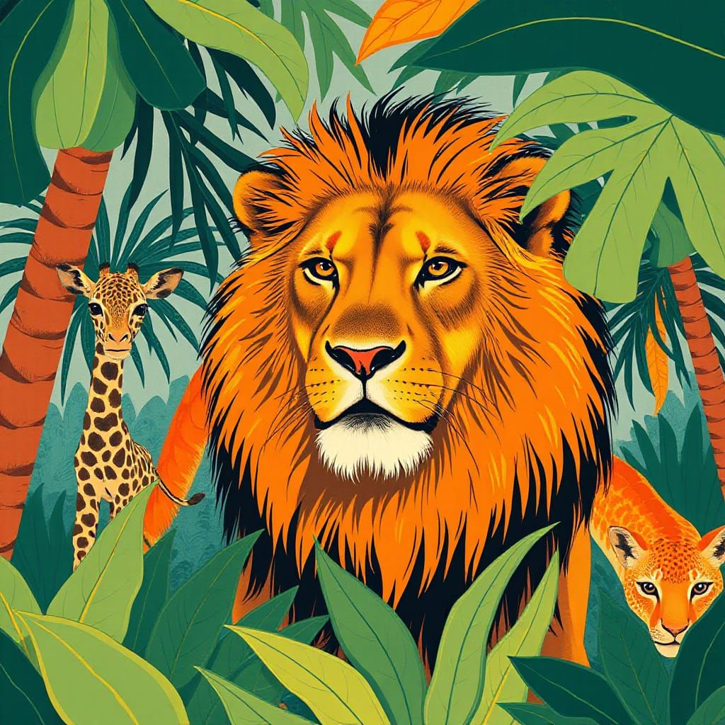 Beautiful LION, BOLD EXPLORER, jungle, silkscreen print, complementary colours, David Hockney, ALEX KATZ, SERENE