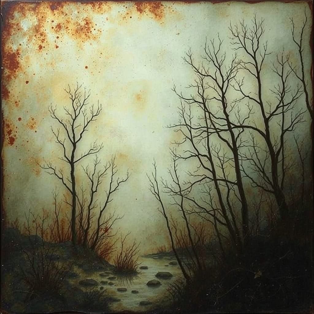 Ethereal Abandoned Landscape with Iridescent Rust Tones