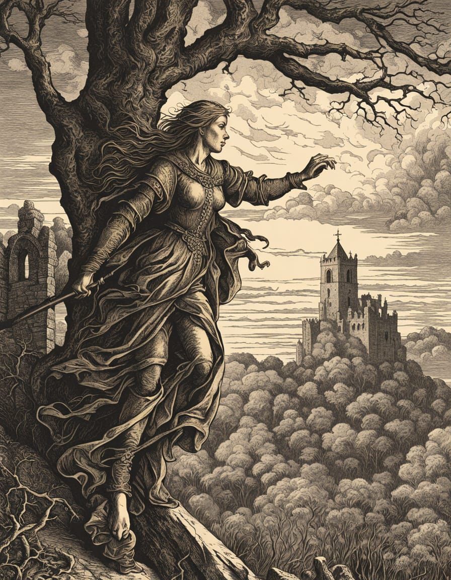 Huntress Climbs Ruined Tower: Dürer Woodcut Style