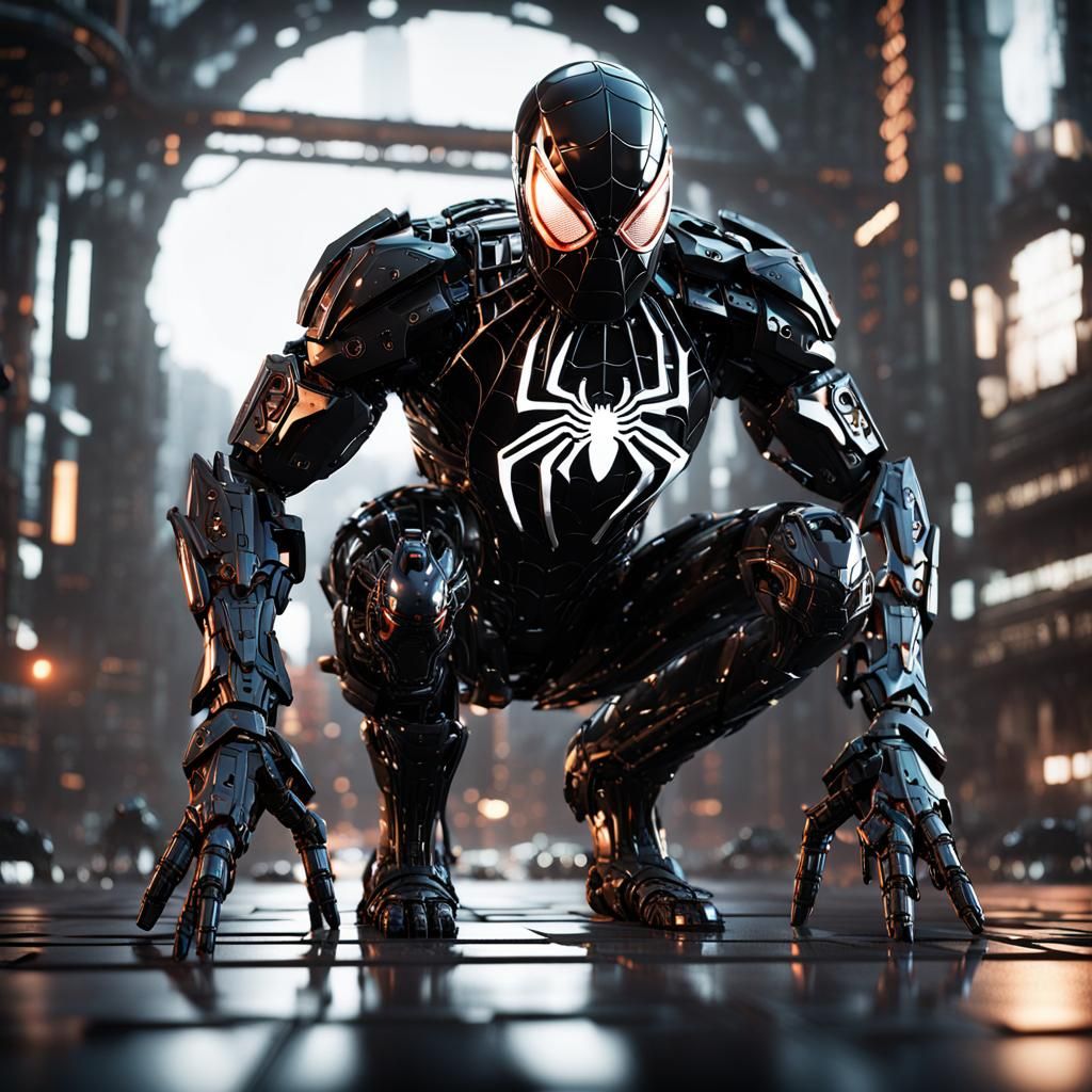Futuristic Black Spiderman with Intricate Mech Details