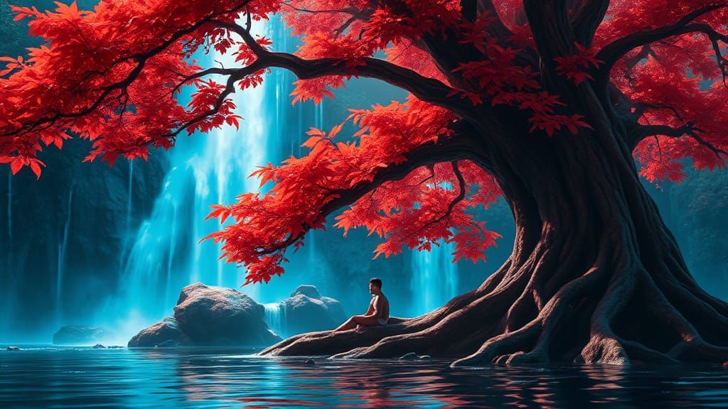 Ancient Tree and Neon Waterfall: Fantasy Digital Painting