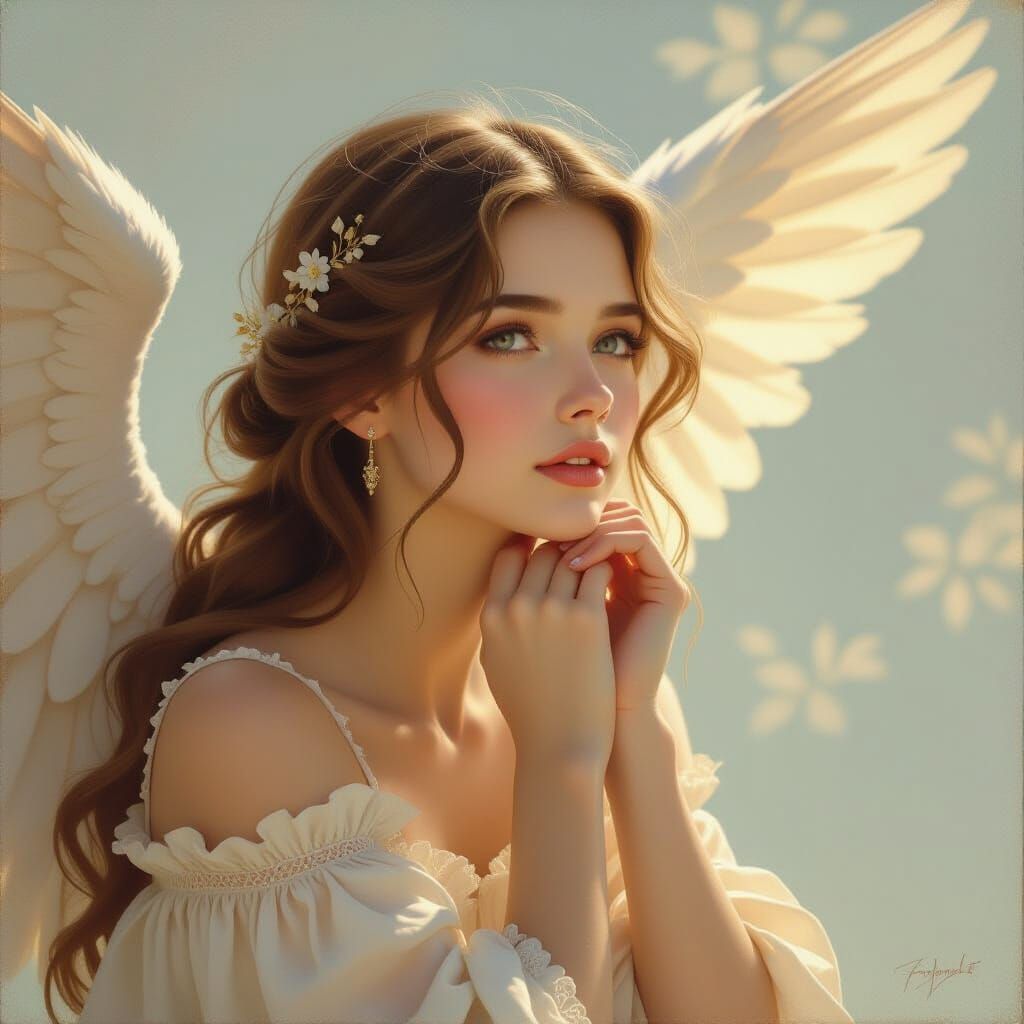 Ethereal Girl with Angelic Face in Pre-Raphaelite Style