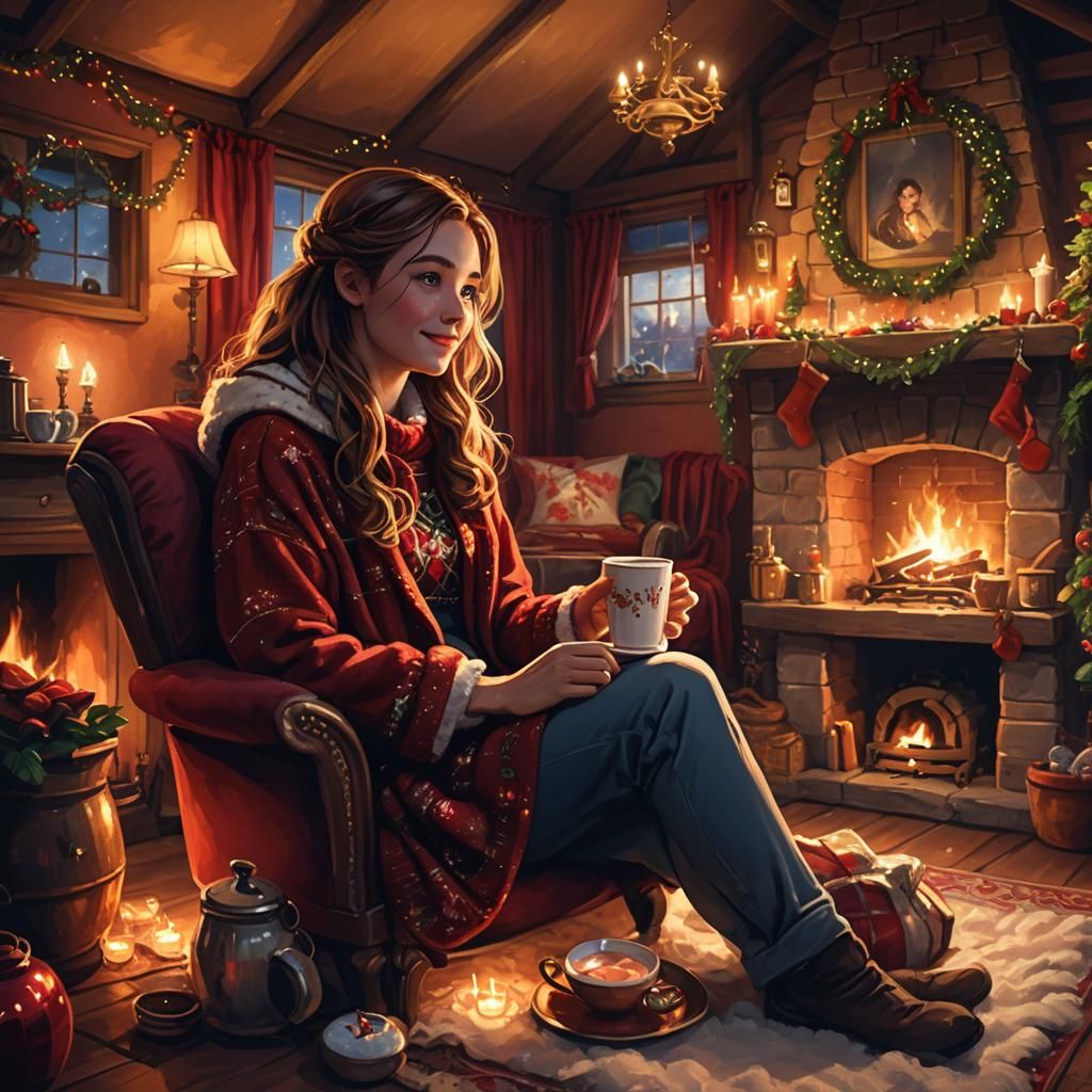 Cozy Cottage Bedroom with Fireplace, Digital Art