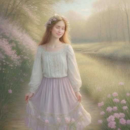 Ethereal Woman in Dreamy Pre-Raphaelite Style Oil Painting