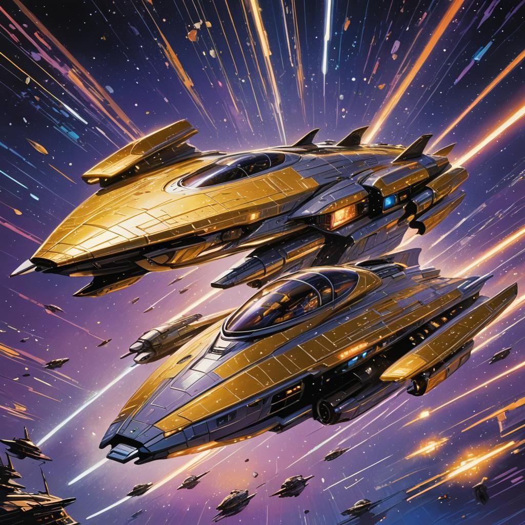 Sleek Metallic Hover Ship Glides through Vibrant Starfield