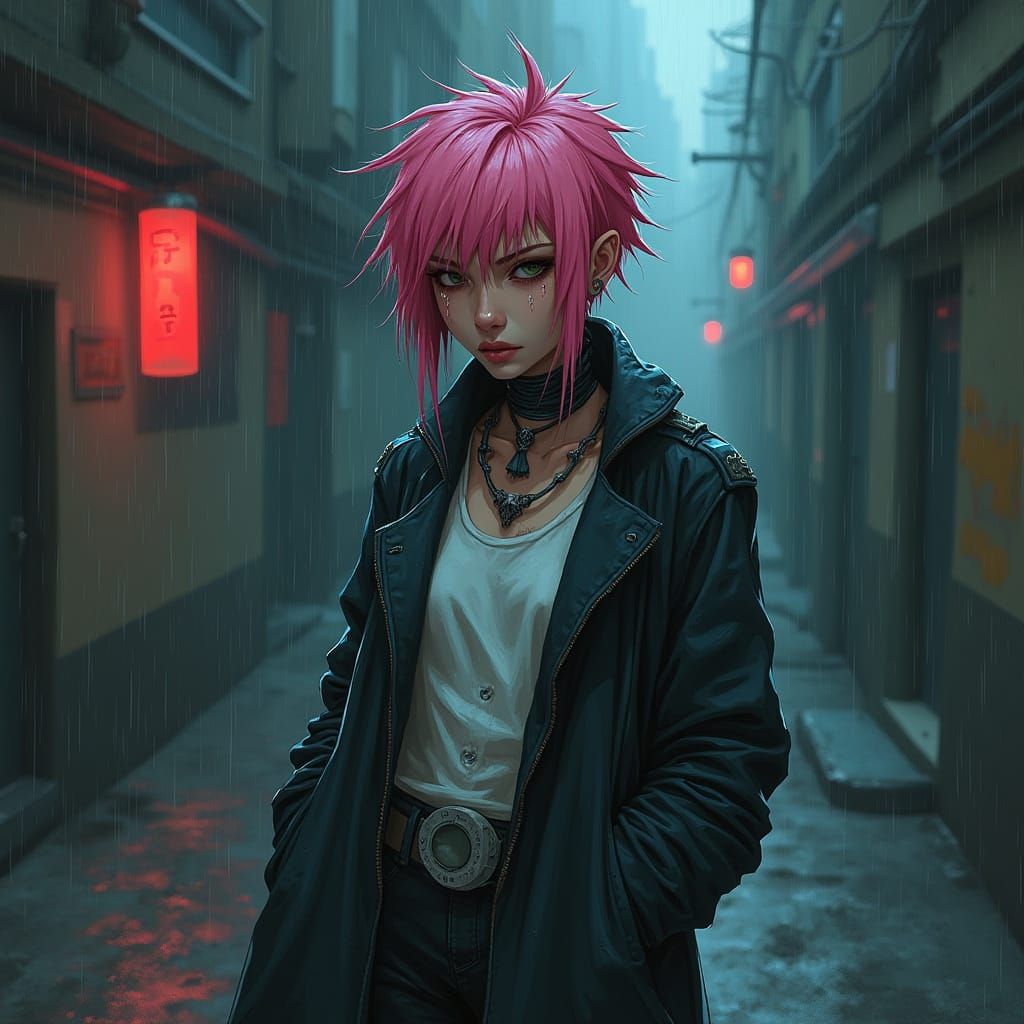 Melancholic Cyborg in Rain-Slicked Alleyway