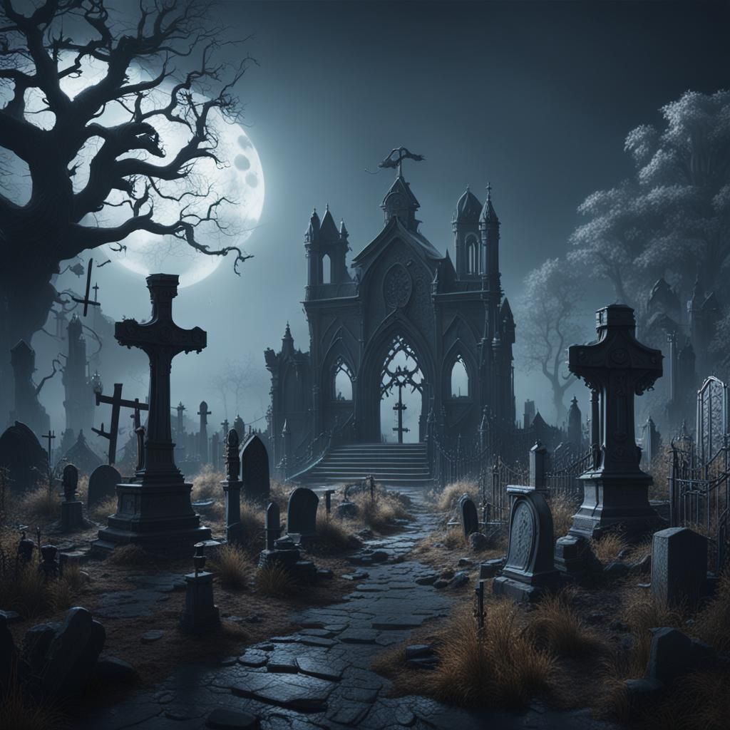 Eerie Silent Graveyard: Detailed Matte Painting