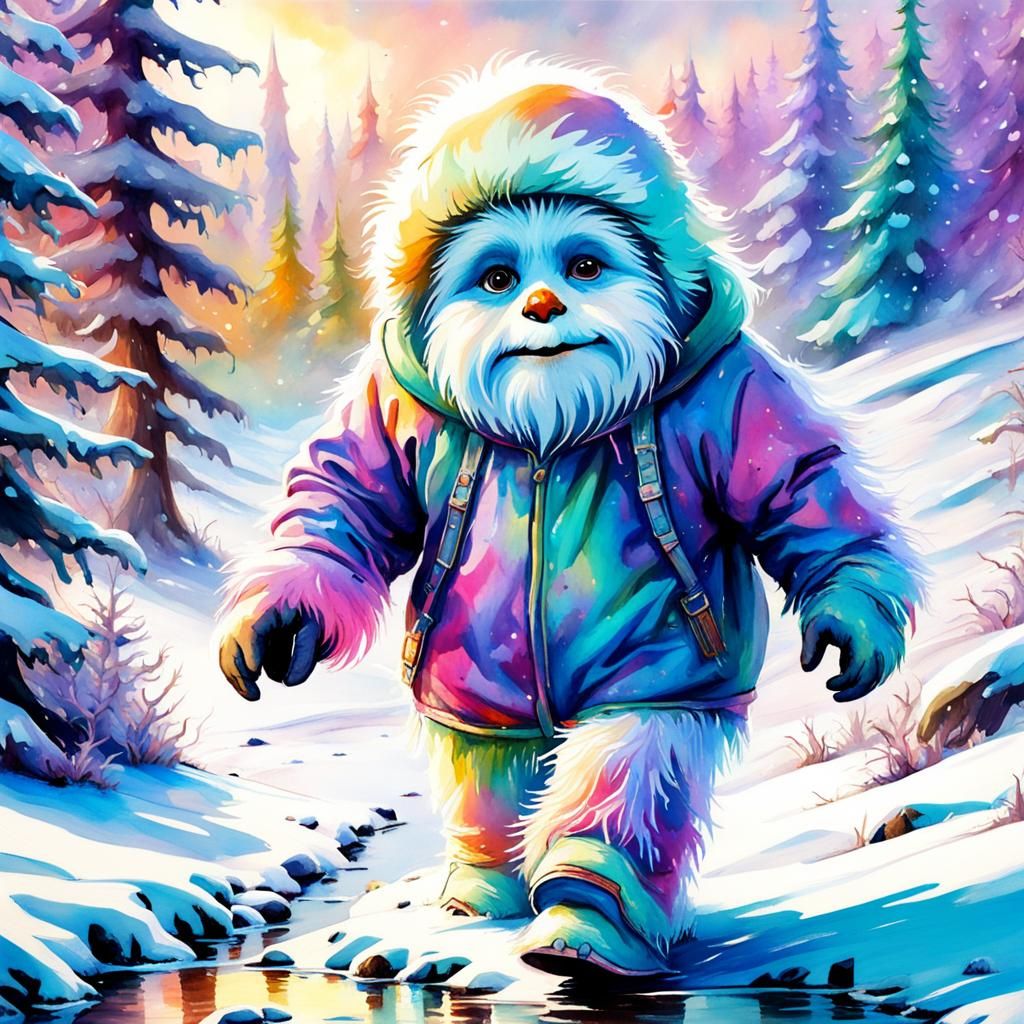 Fairytale Baby Abominable Snowman in Watercolour Style