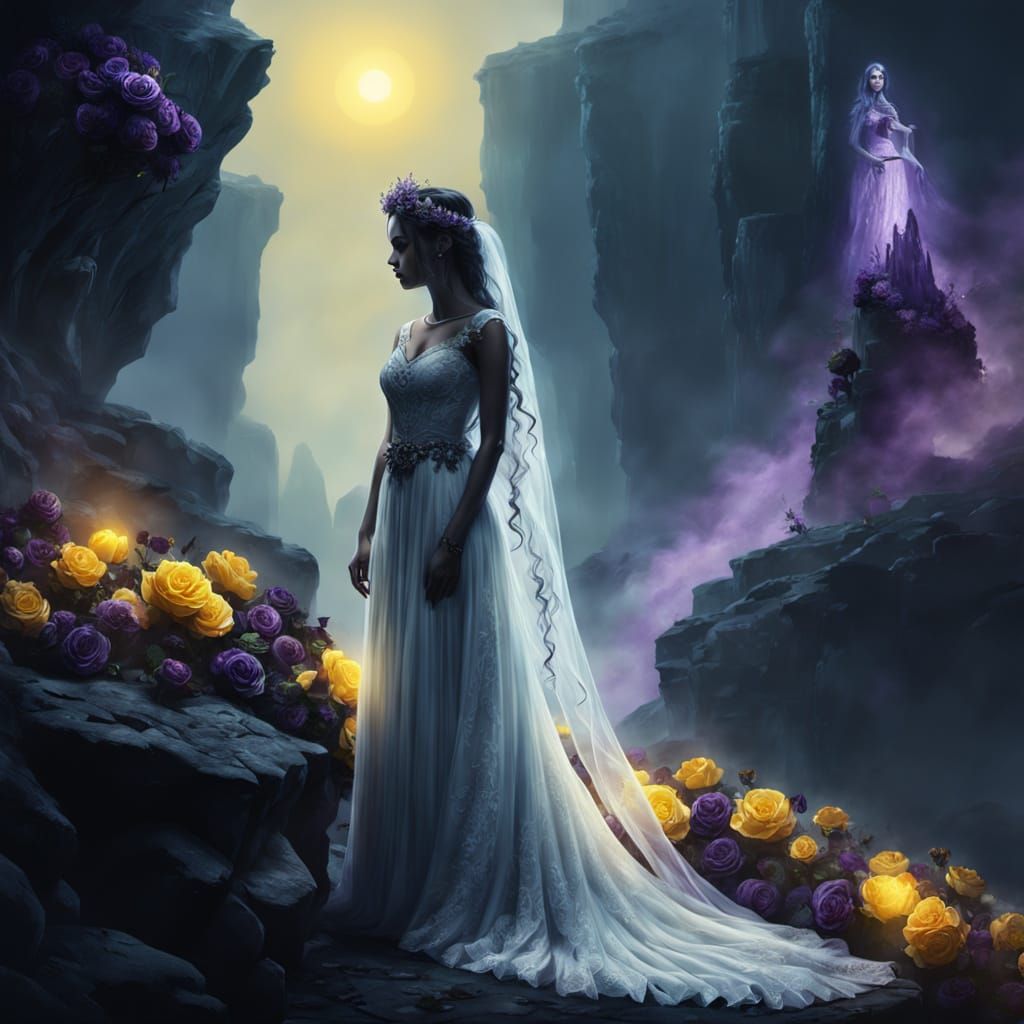 Ghostly Bride at Cliff Edge: Dark Fantasy Art