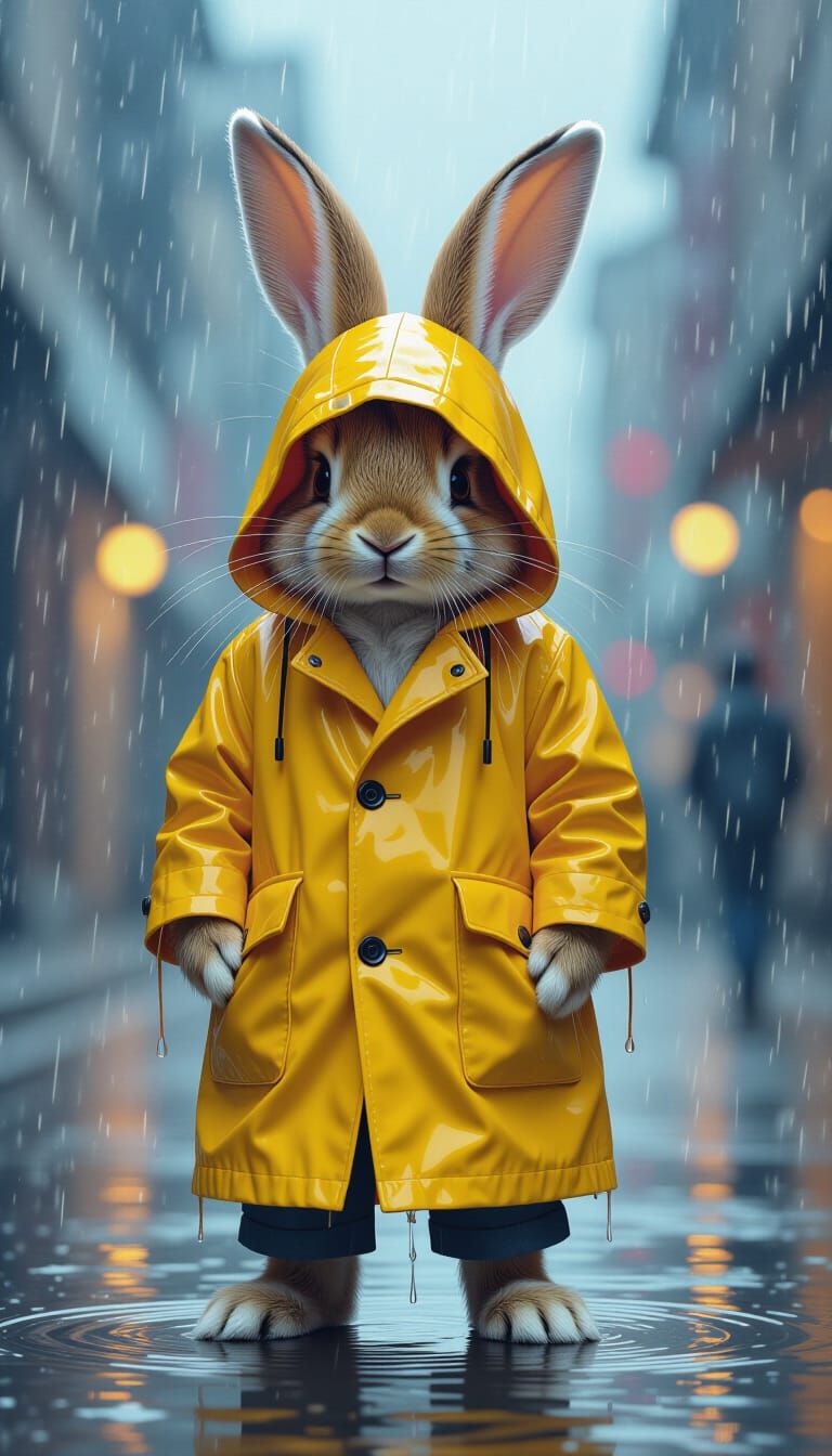 Rabbit in Raincoat During Tempest