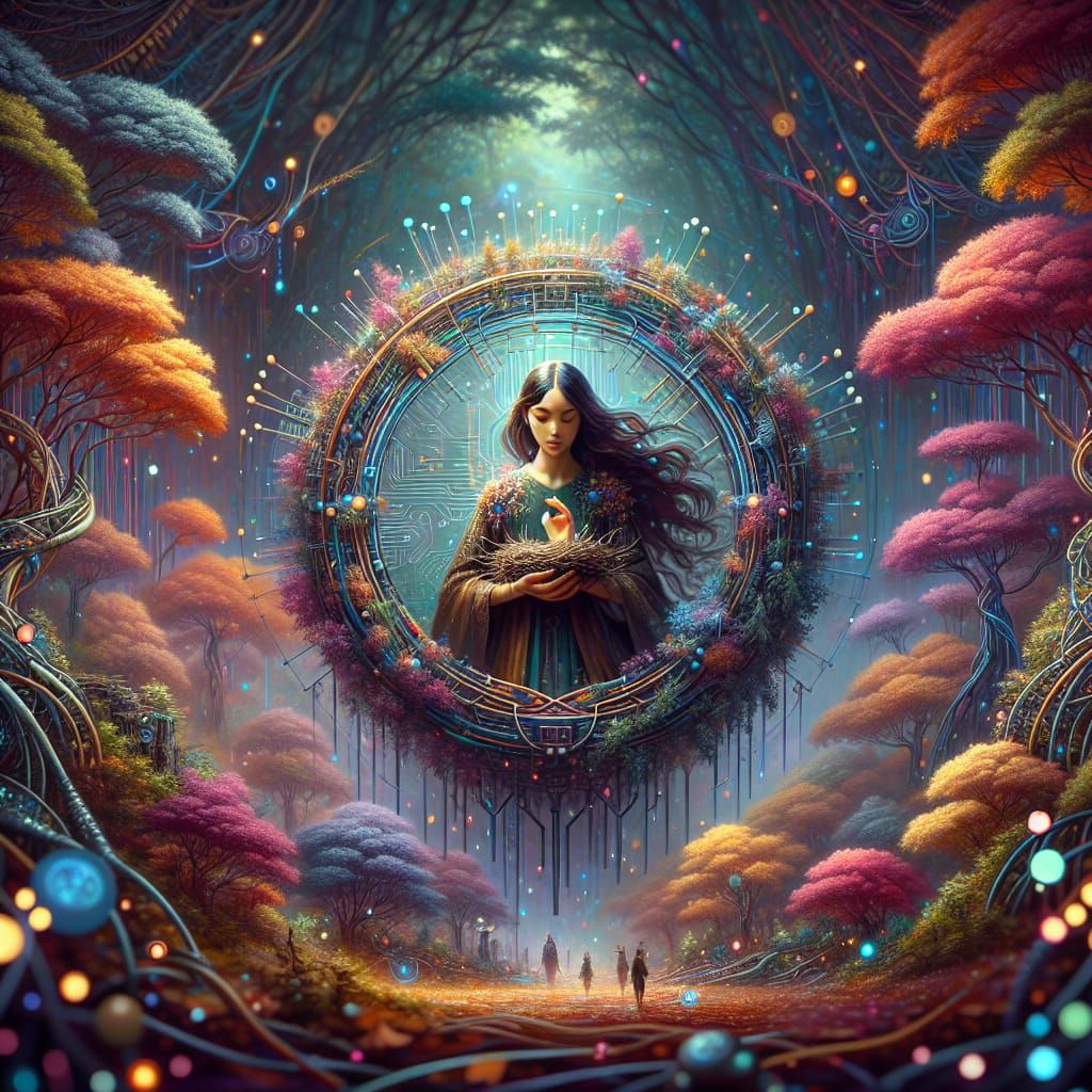 Brunette Woman with Cuckoo's Nest in Surreal Forest