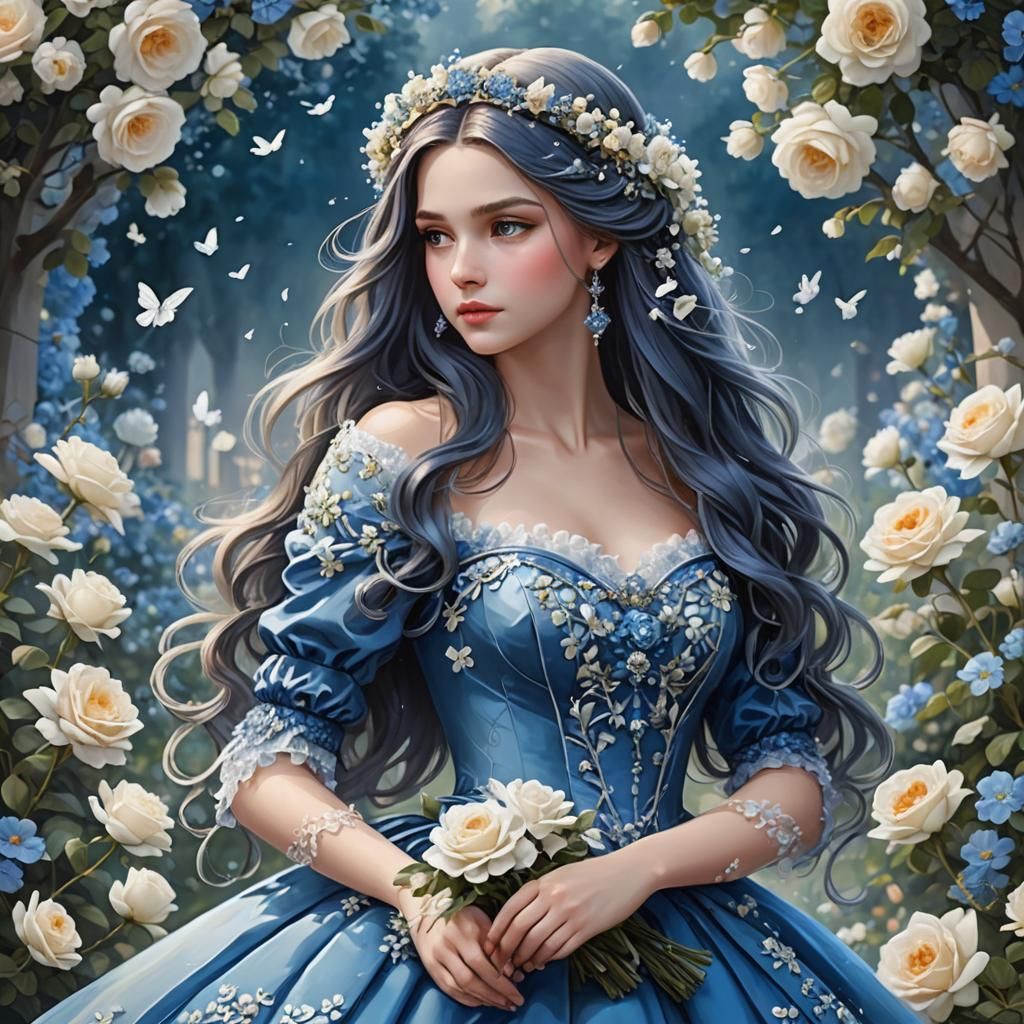 Fantasy Princess with Blue Hair and Roses