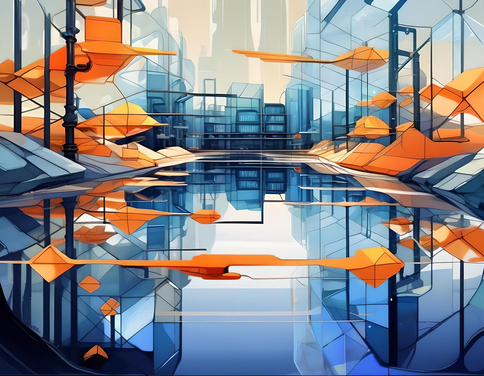 Futuristic Glass City in Steampunk Mondrian Style