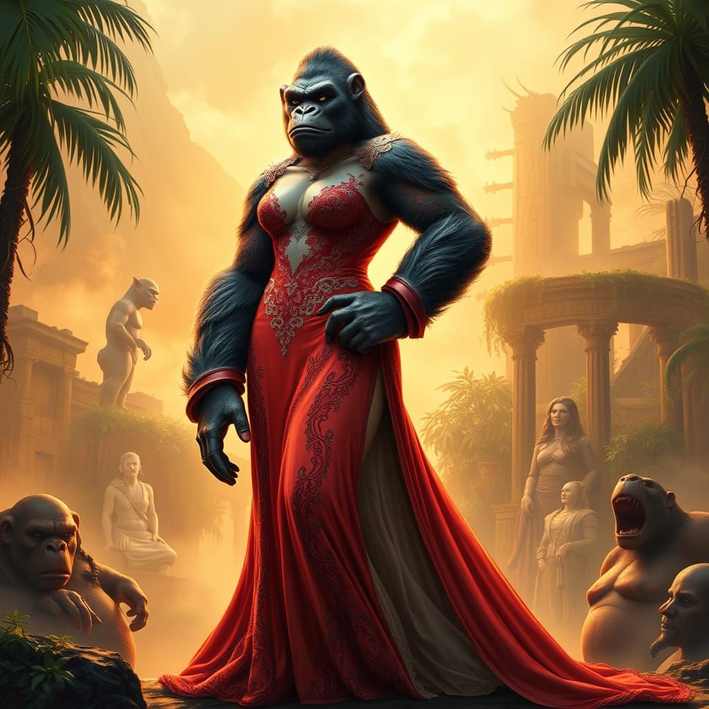 Elegant Lady Kong in a Futuristic Jungle Evening Gown
