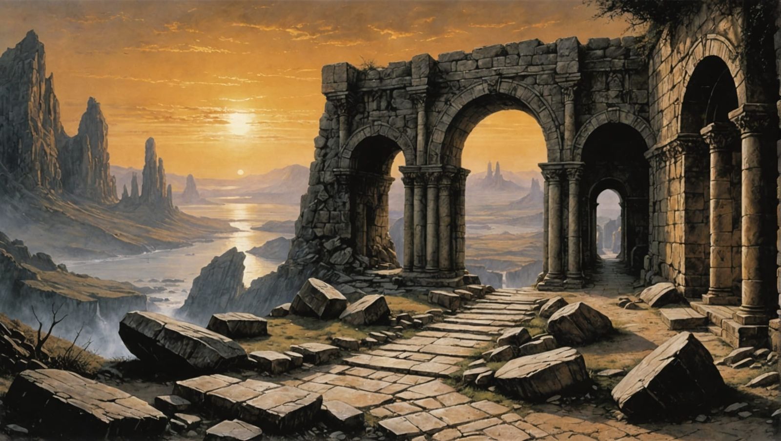 Mystical Landscape with Archway: Fantasy Illustration