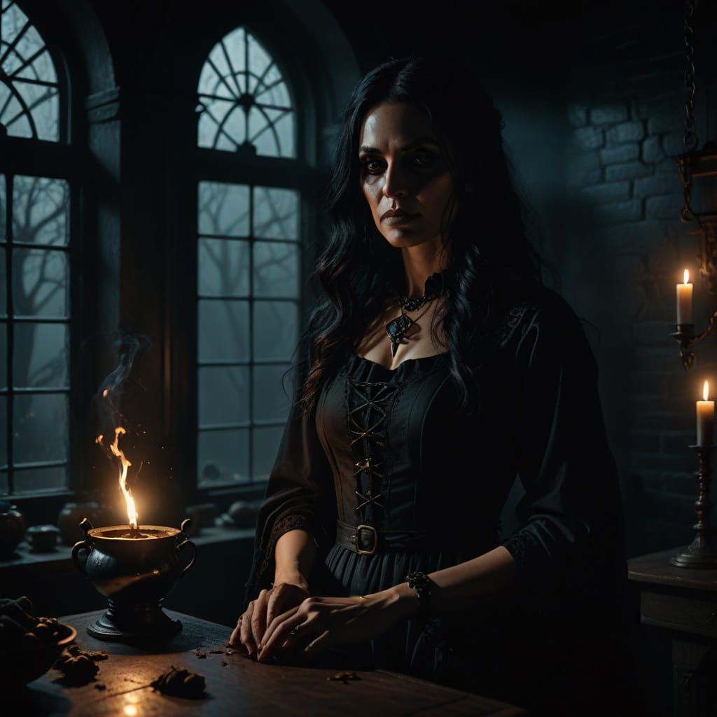Gothic Witch Stirs Cauldron in Moody, Cinematic Lighting