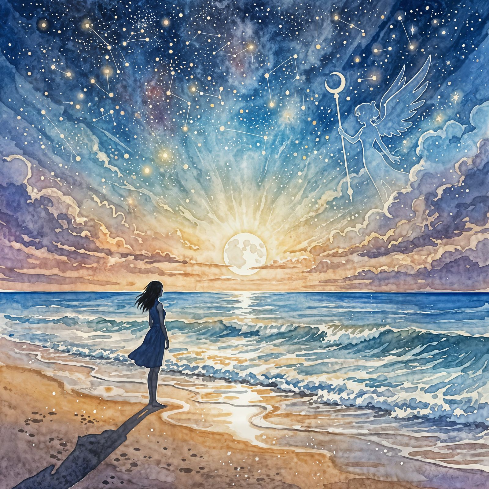 Twilight Beach Scene with Constellations, Watercolor Style