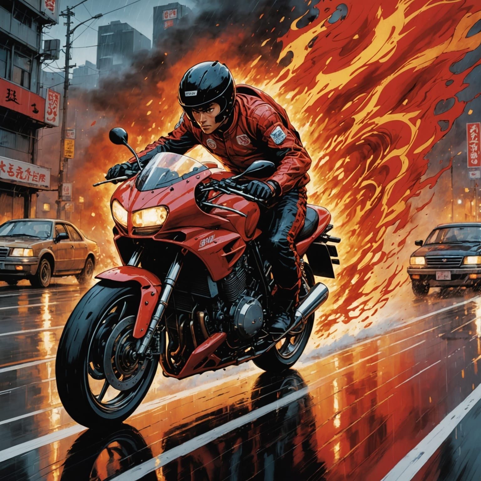 Akira-Inspired Hero Speeds Down Rain-Soaked Highway