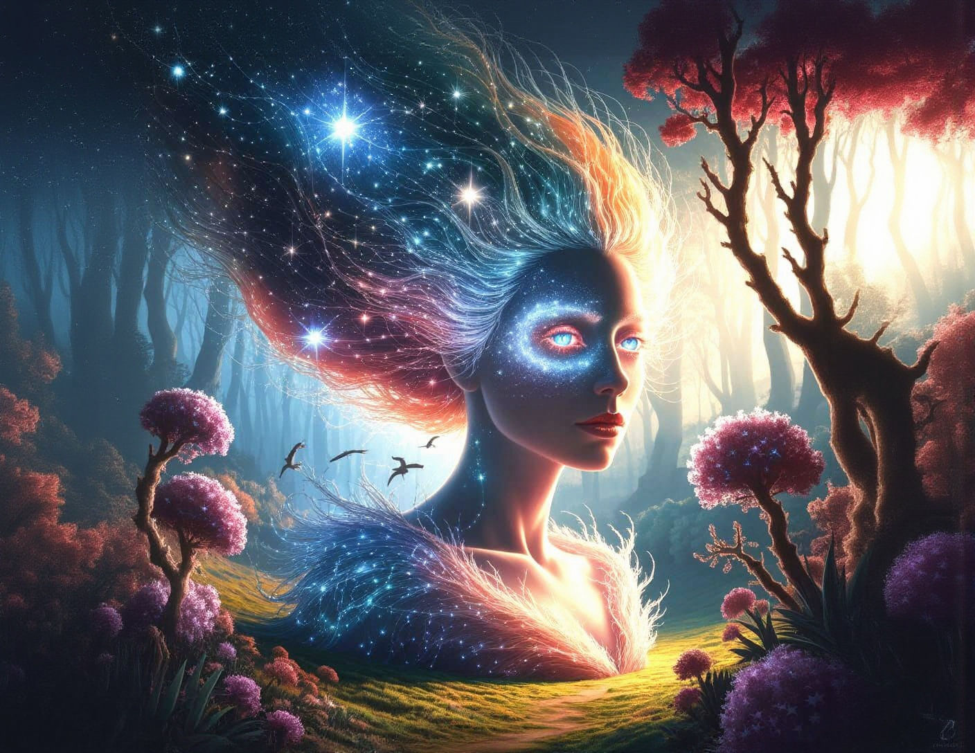 Ghostly Starlight Woman in Glowing Forest
