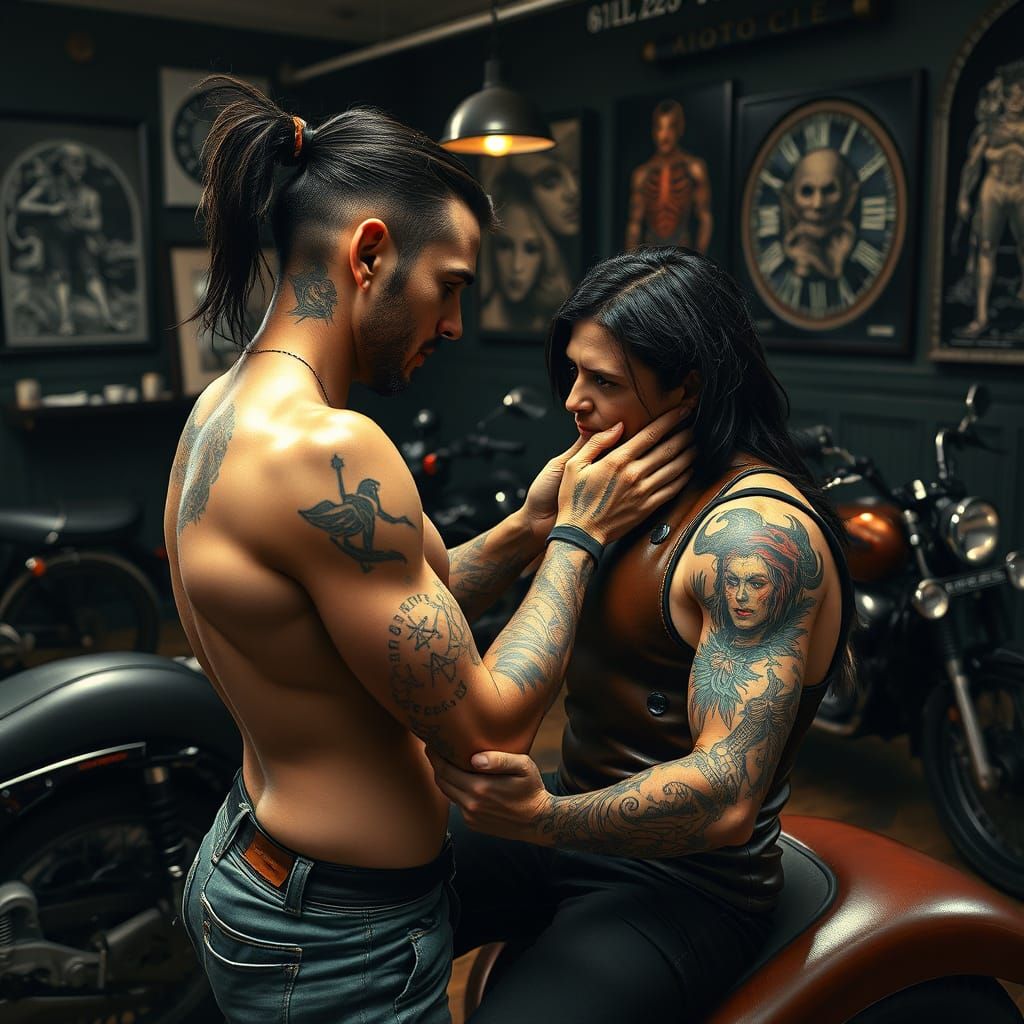 Frustrated Tattoo Artist Tattoos Muscular Man in Dark Tattoo...