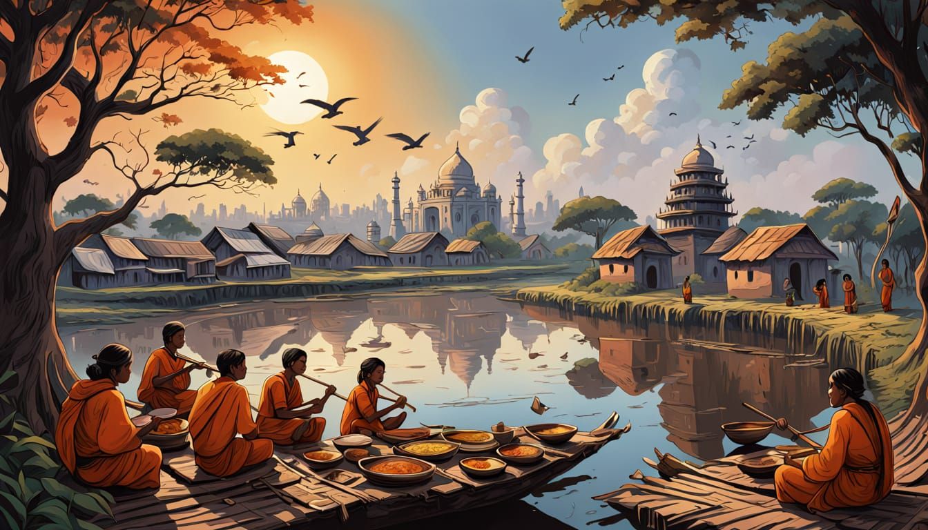 Bengali Village Morning Scene in Vibrant Oil Painting Style