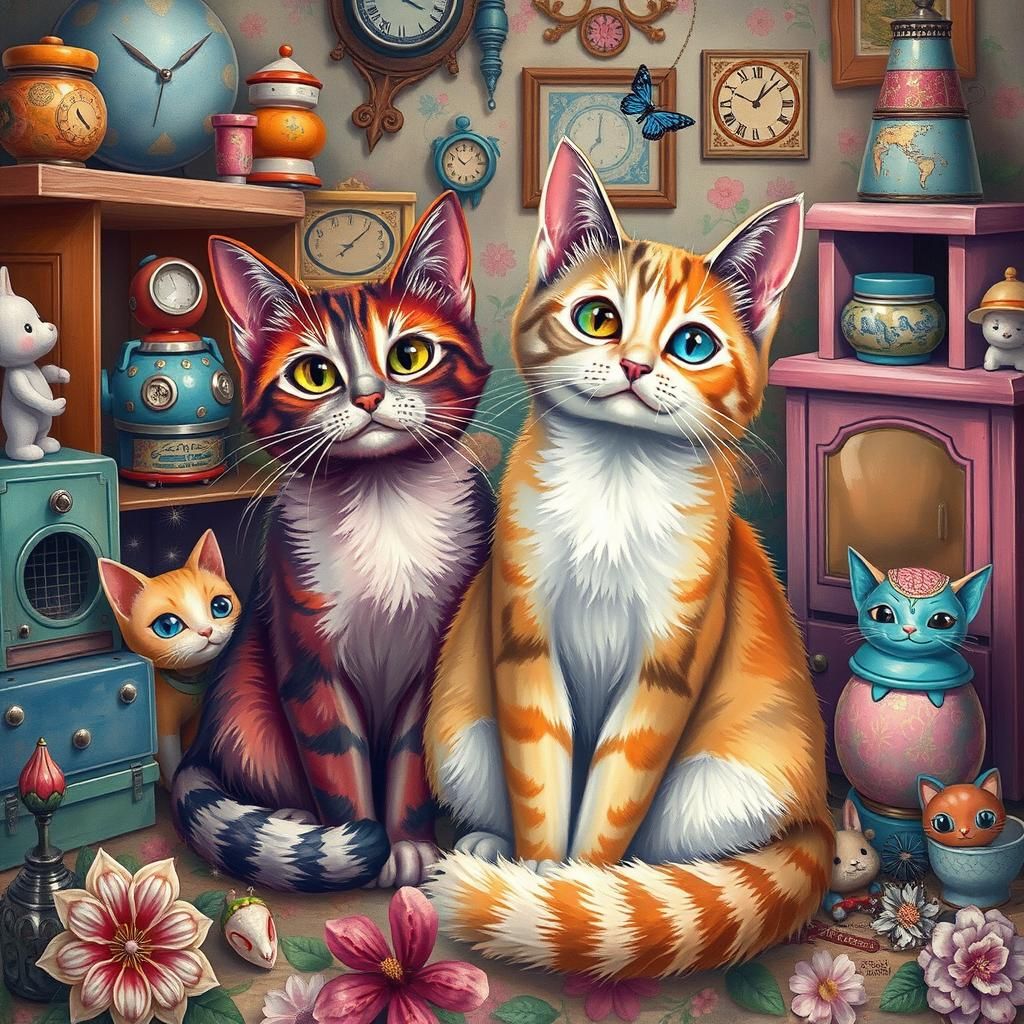 Playful Cats in Rainbow Hues, Pop-Surrealism Style
