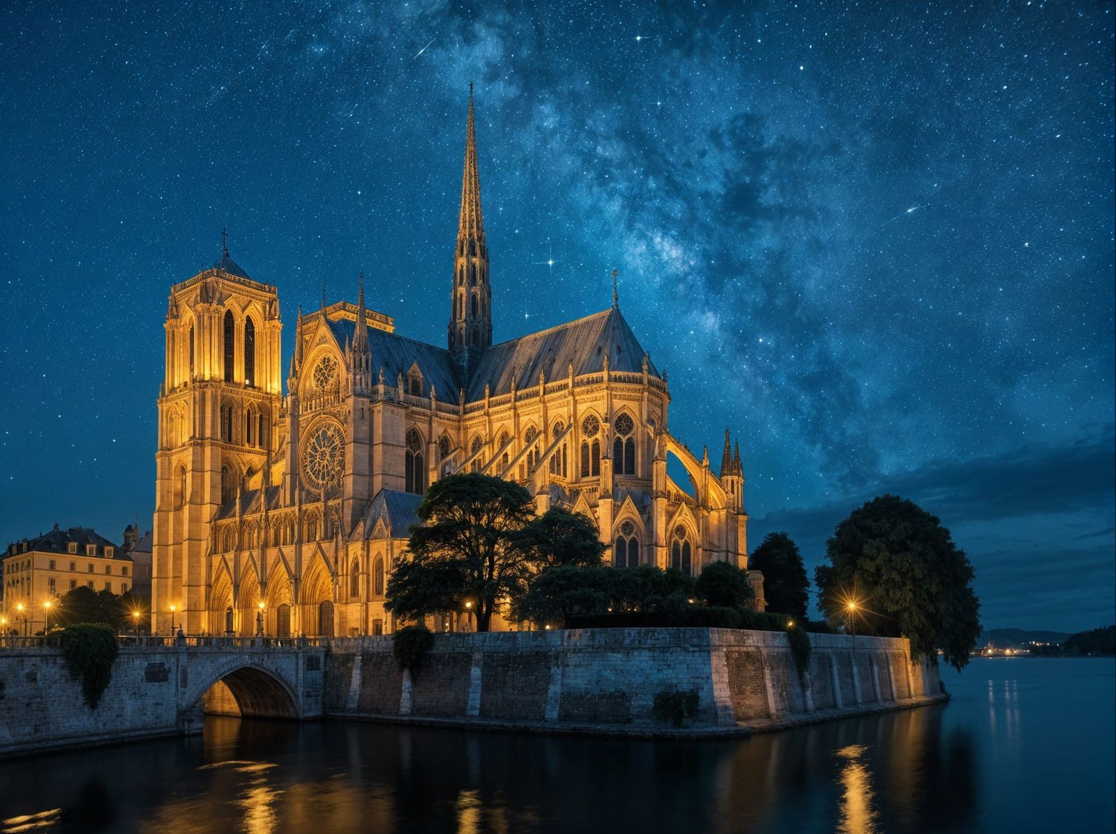 French Gothic Cathedral Under a Starry Sky