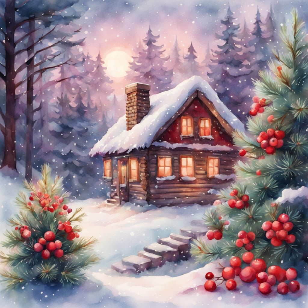 Cozy Watercolor Christmas Scene with Owl and Mouse