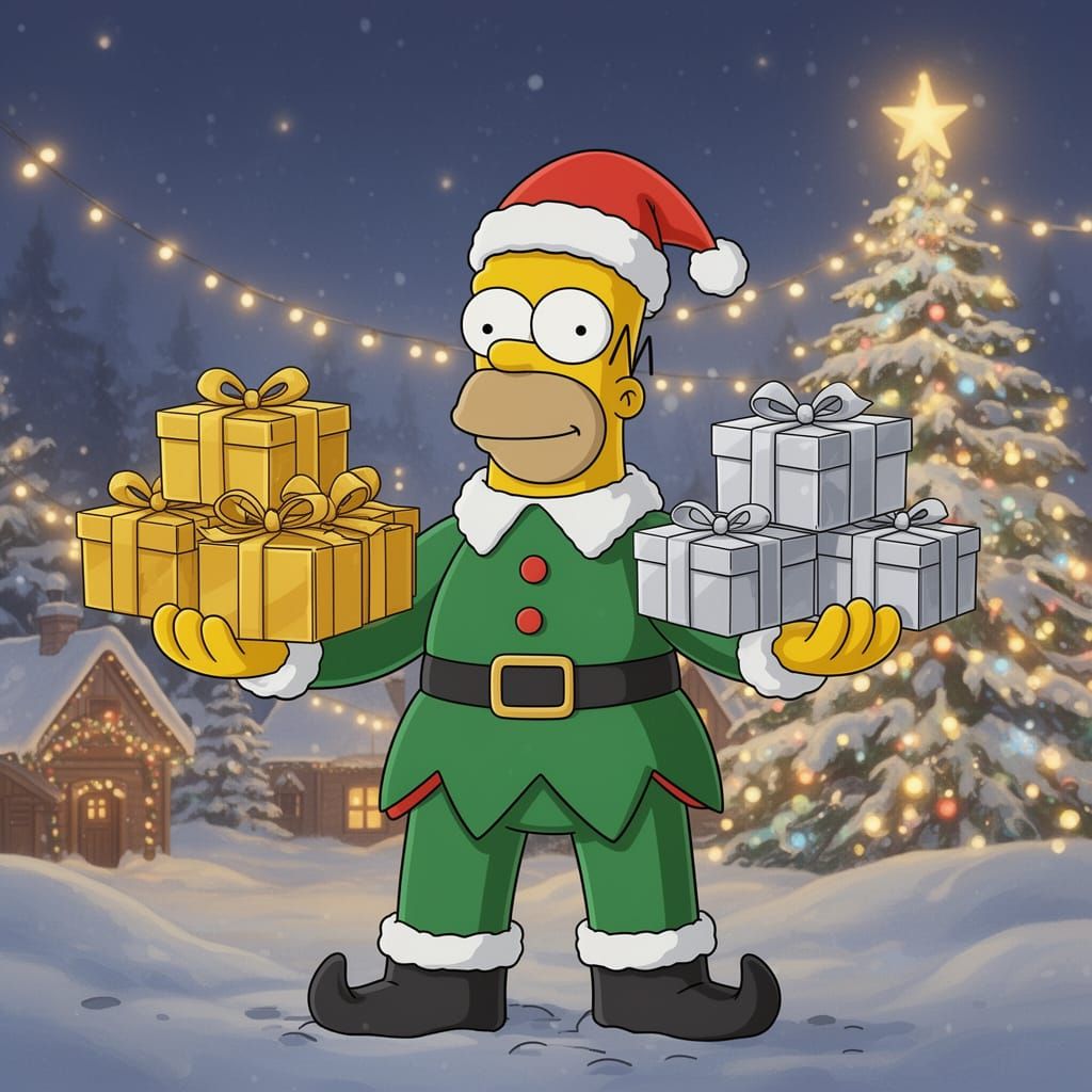 Homer Simpson Elf with Presents in 90s Anime Style